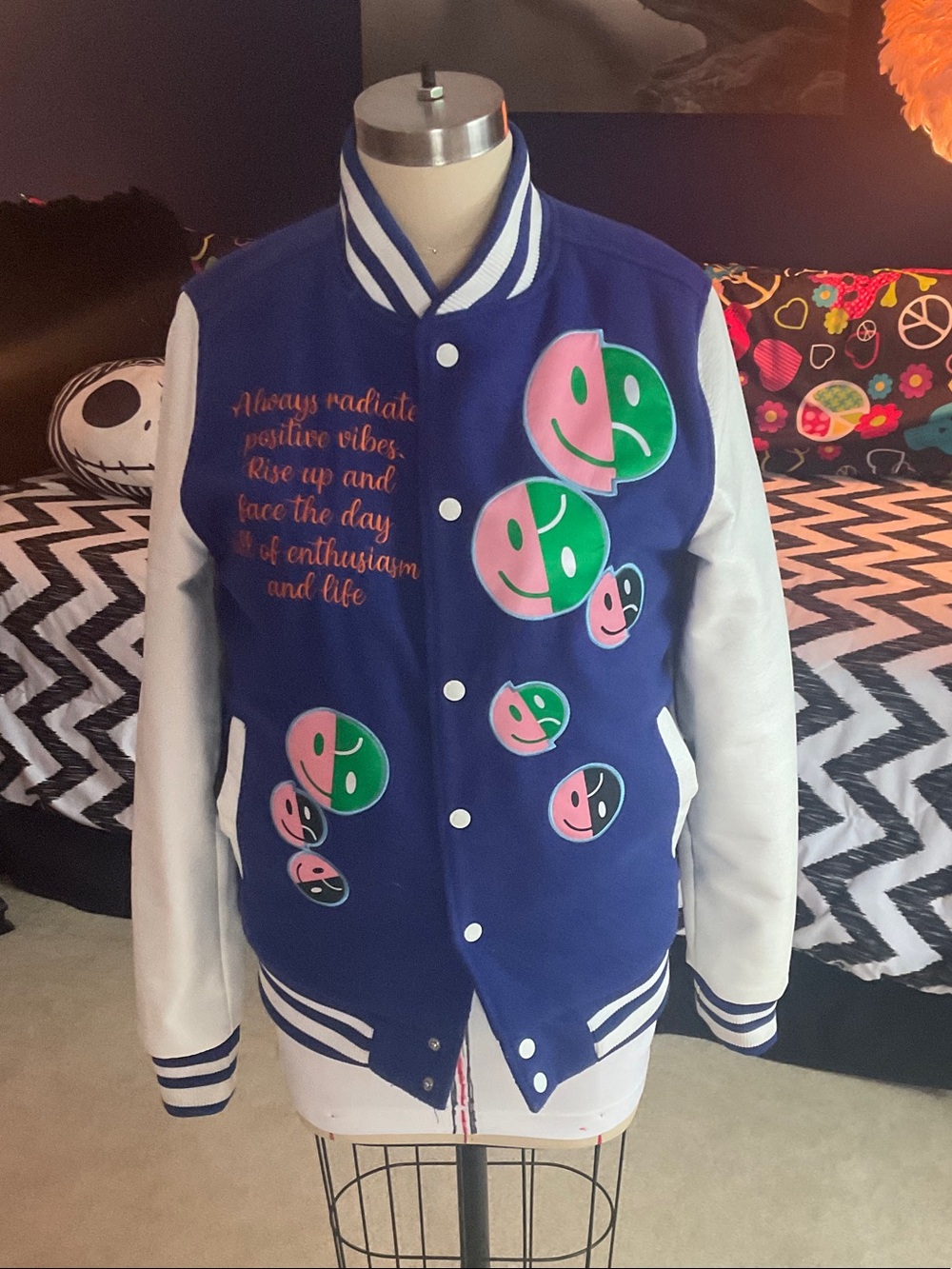 Blue & White Bomber Jacket with Pink & Green Smiley Patches